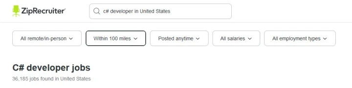 current c sharp job listings in the US