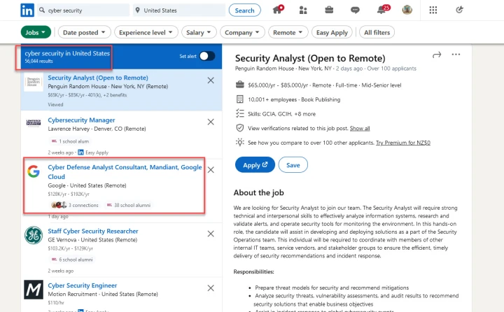 current cyber sec open positions in the US