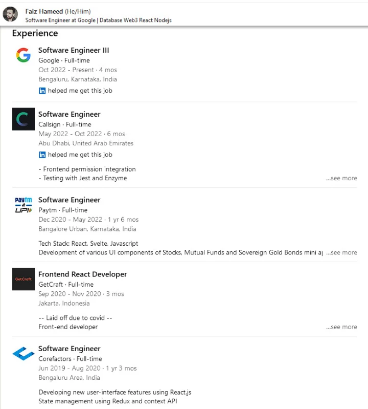 Faiz job history so far