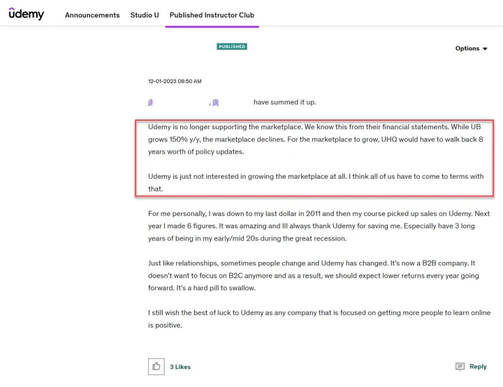 instructor course sales growth not supported