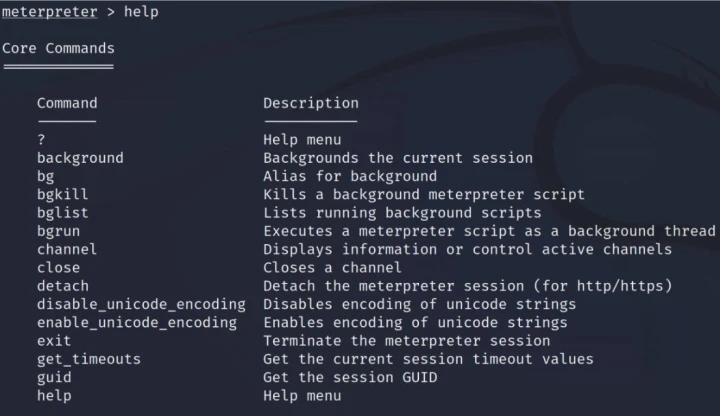meterpreter help command list