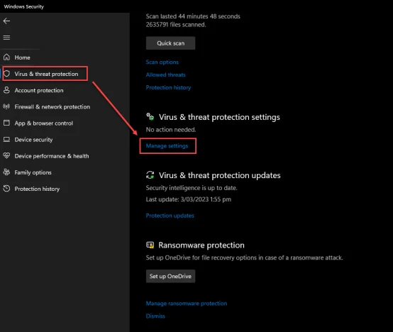 virus and threat protection settings