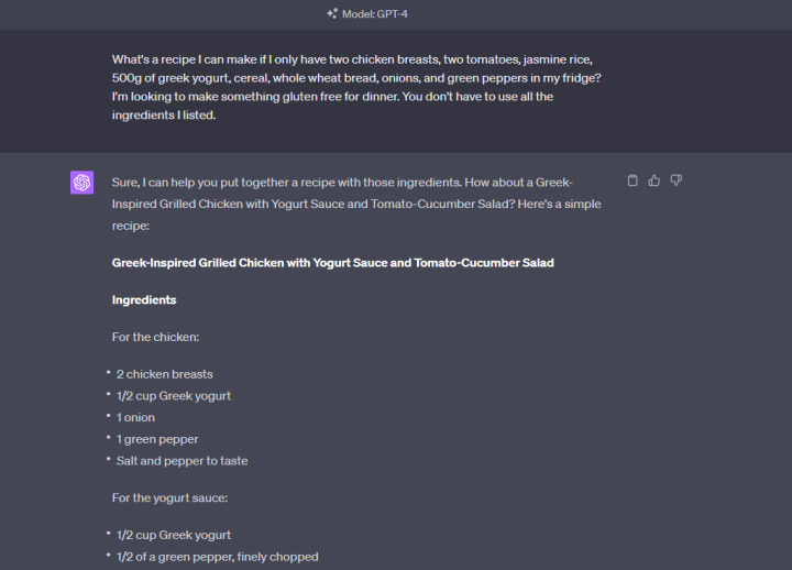 Basic ChatGPT prompt to generate recipes