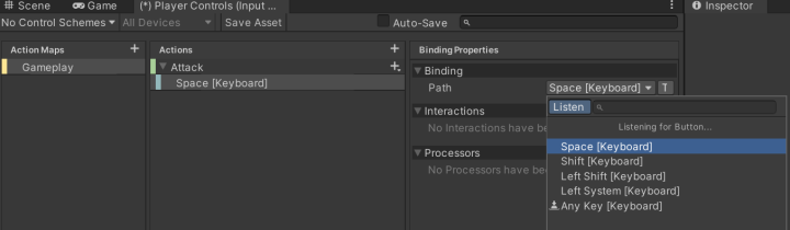 Binding the Spacebar key
